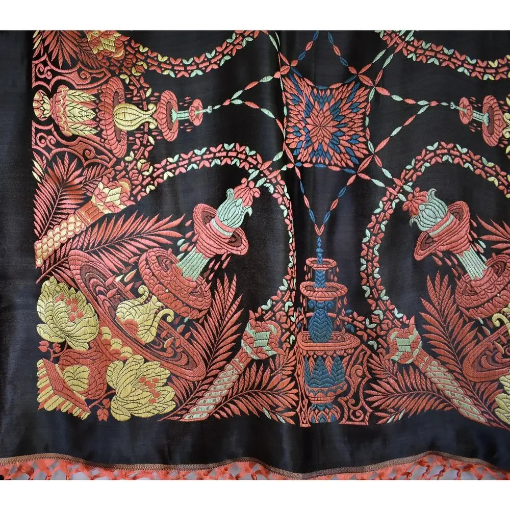 Vintage 40s Black Silk Taj Mahal Piano Shawl Scarf, Fringed Jacquard Brocade